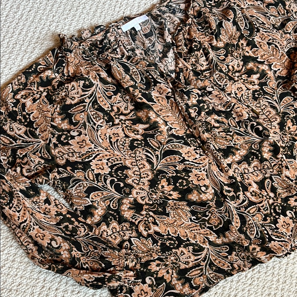 Olivaceous Black and Gold Graphic Blouse with Mandarin Collar